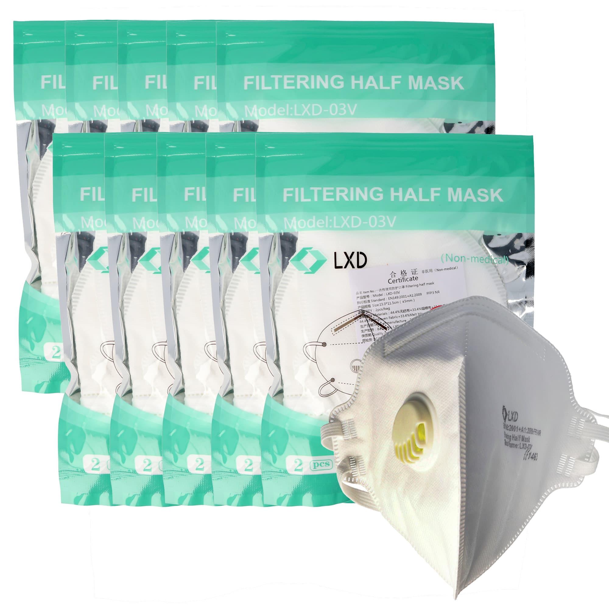 Masque de protection Premium FFP3 20 pièces, 5 plis avec valve, pack de 2 semaines, certifié selon DIN EN149: 2001 + A1: 2009, demi-masque filtrant