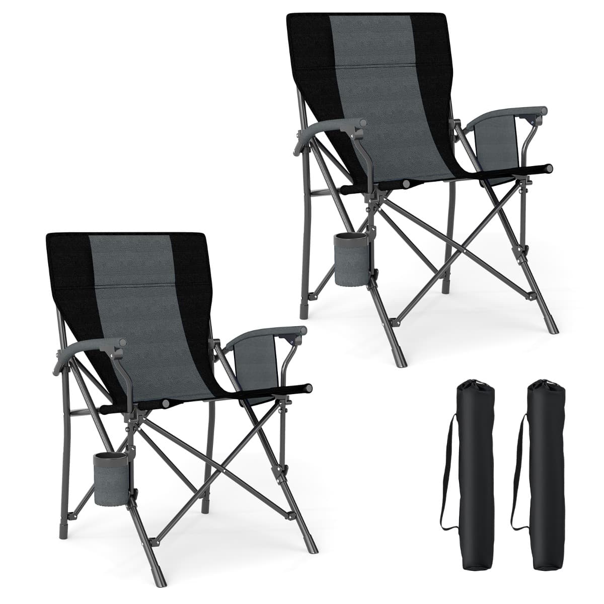 CostwayLot de 2 Chaises de Camping Portable Chaise d'Extérieur Pliable en Tissu Oxford avec Porte-gobelet et Poche Latérale Charge Max 160 kg Noir