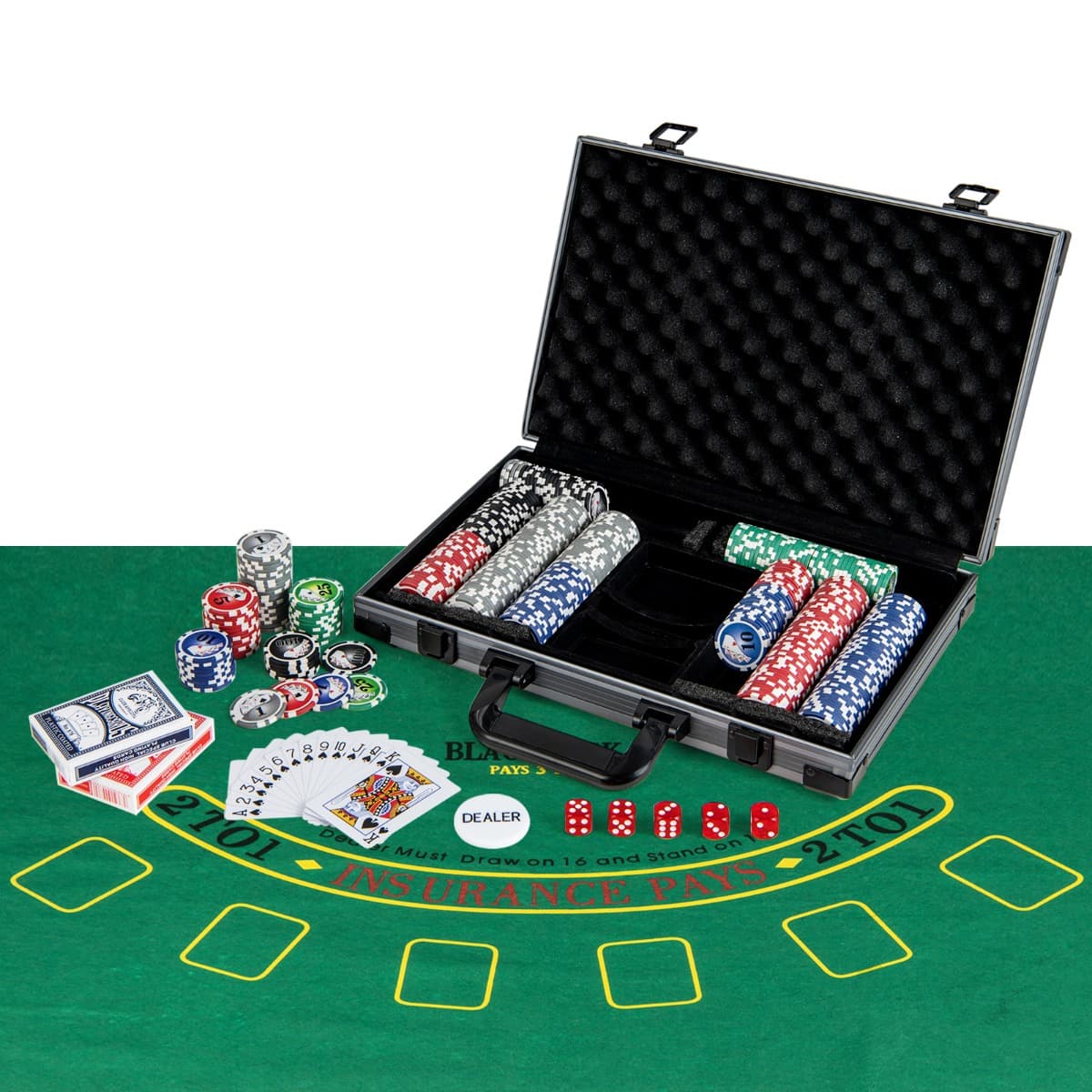CostwayJeu de Jetons de Poker Texas Hold’em 400 Jetons de Poker de Casino 2 Jeux de Cartes Jeton de Croupier 5 Dés Tapis Feutre Mallette Noir