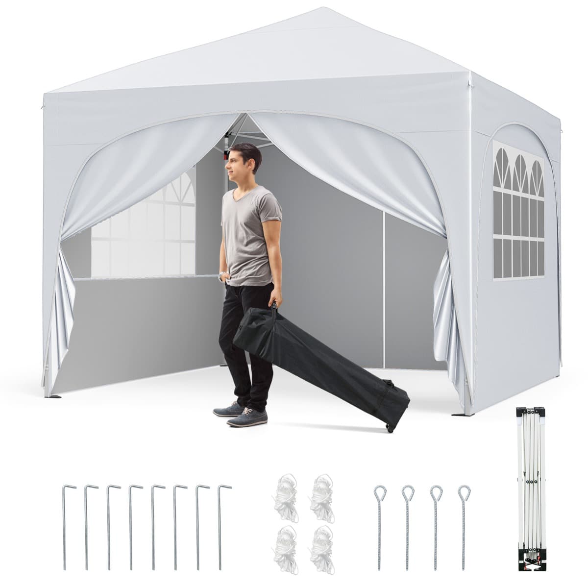 CostwayTonnelle de Jardin 3x3M avec 4 Parois Latérales Amovibles Tente de Reception Portable avec Sac à Roulettes 8 Piquets 4 Ancres Blanc