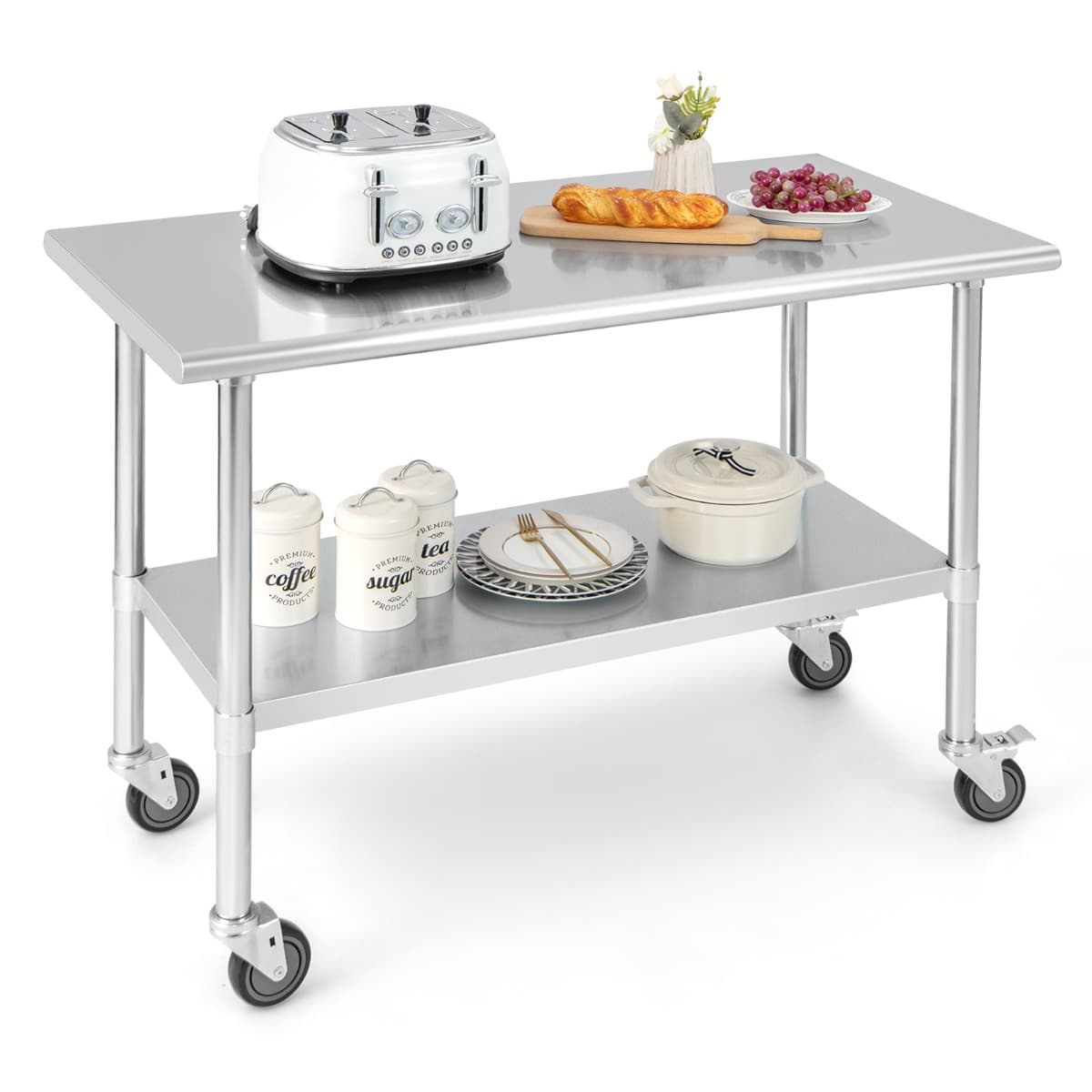 CostwayTable Plan de Travail Cuisine à Roulettes en Acier Inoxydable à 2 Niveaux avec Étagère Inférieure Réglable Charge Max 250KG