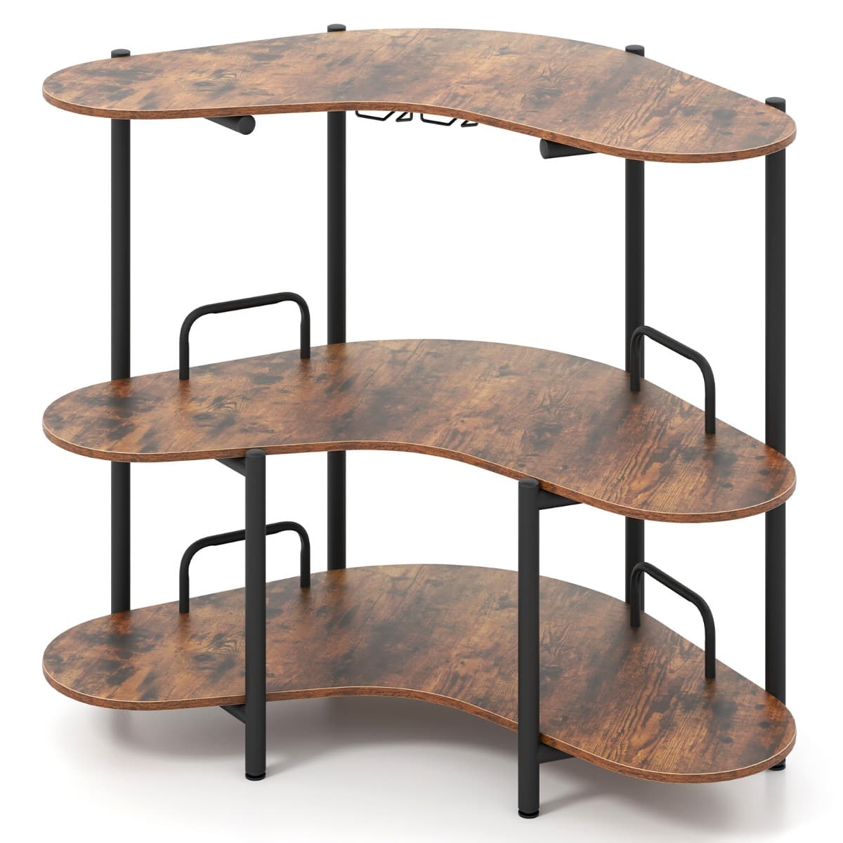 CostwayBar d’Angle à 3 Niveaux Table de Bar à Liqueur avec Supports à Verres à Pied et Etagères de Rangement Marron Rustique