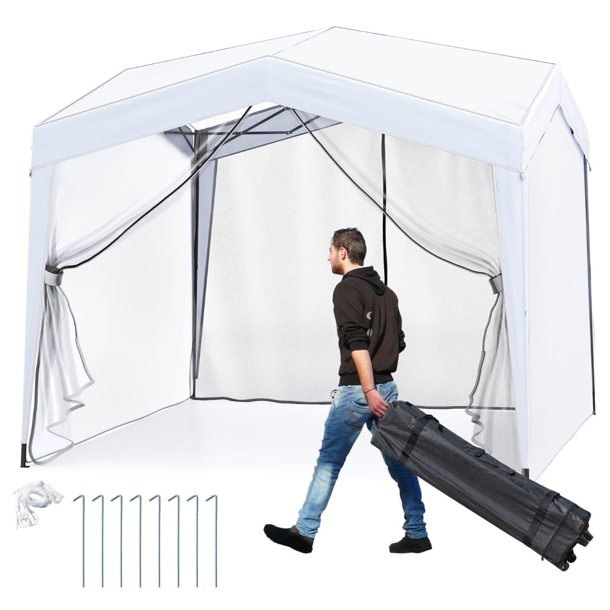 CostwayTonnelle de Jardin Pop-up 302x302cm avec 4 Parois Latérales Tente Réception avec Filet en Maille Sac à Roulettes 8 Piquets 4 Cordes Blanc
