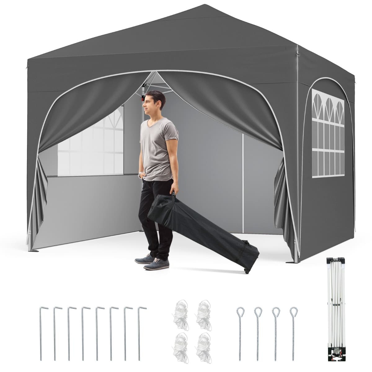 CostwayTonnelle de Jardin 3x3M avec 4 Parois Latérales Amovibles Tente de Reception Portable avec Sac à Roulettes 8 Piquets 4 Ancres Gris
